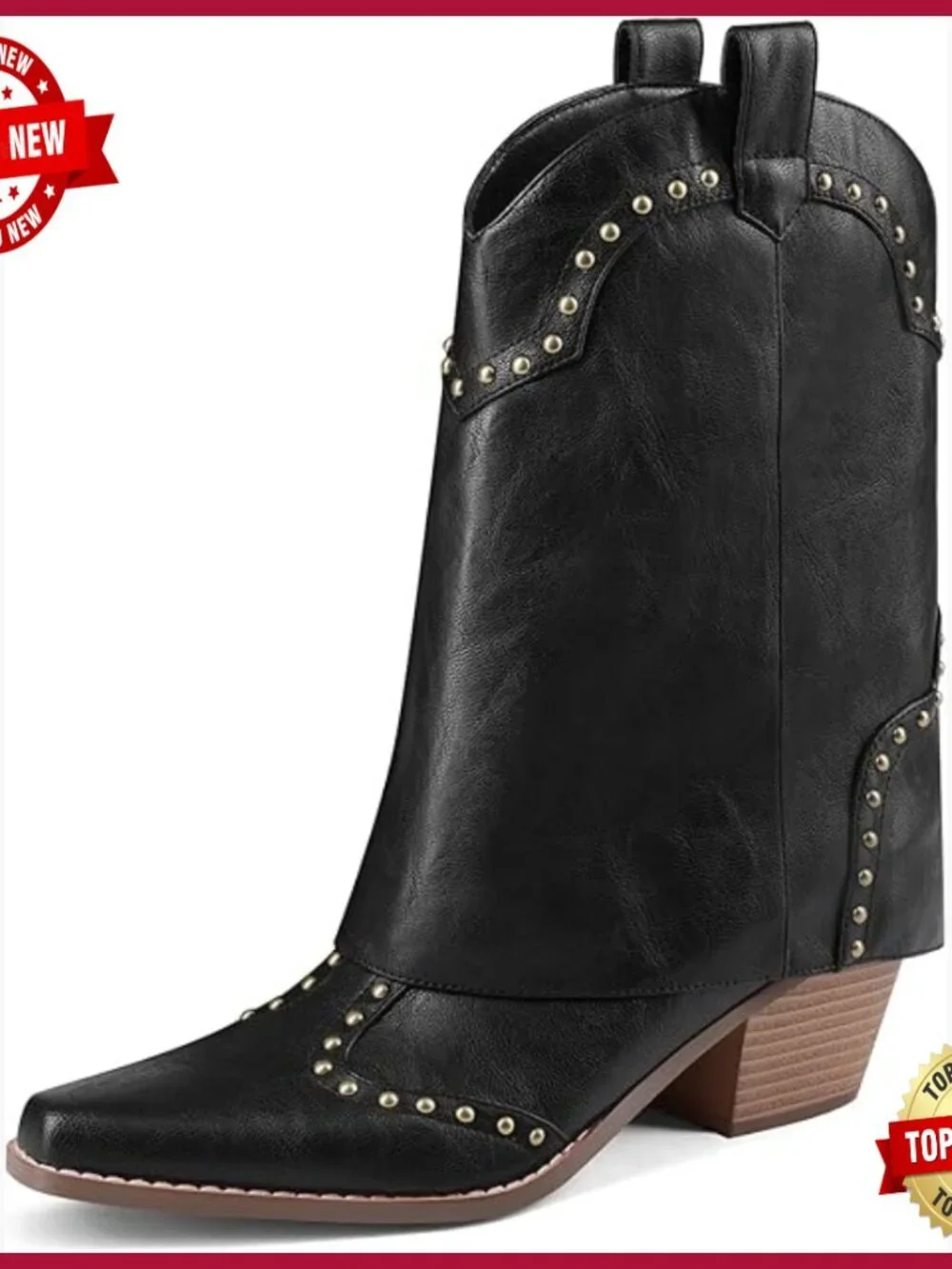 Ankle Boots Chunky Heel Snip Toe Studded Pull On Western Style